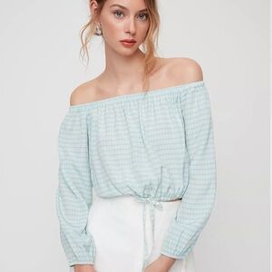 ARITZIA Off-the-shoulder Blouse in lightweight Japanese crepe, blue/white